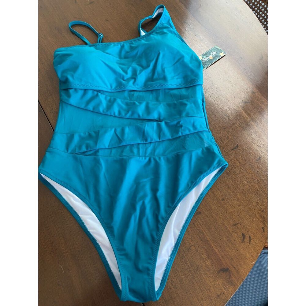 Swimwear Aqua Teal  Nylon Stretch Mesh Blooming Jelly‎ One Piece Women's XL